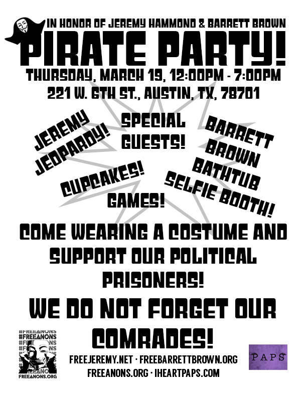 Pirate Party Flyer for Jeremy Hammond and Barrett Brown