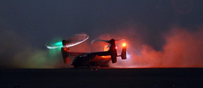 An MV-22 Osprey lands during a personnel recovery training exercise in Southwest Asia, July 28. These training missions are conducted to enhance mission capabilities between U.S. Army aviation and other U.S. military forces. (U.S. Army National Guard photo by Army Sgt. Michael Needham)