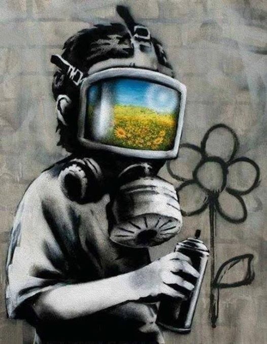 Banksy gas mask via Banksy on Facebook