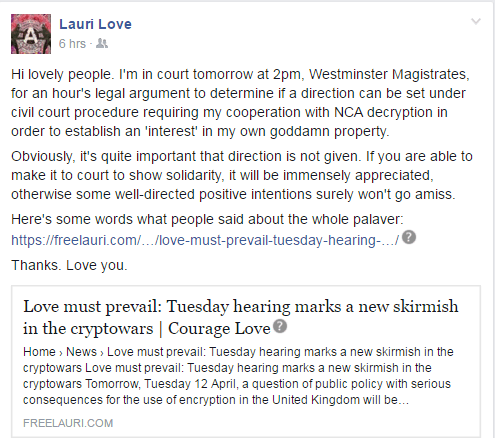 Lauri Love statement on Tuesday hearing, from Facebook